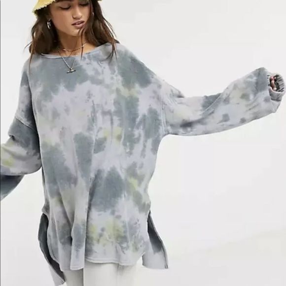 Free People Sweatshirt Someday Pullover Tie Dye Blue Gray Fleece Oversize - Picture 3 of 5